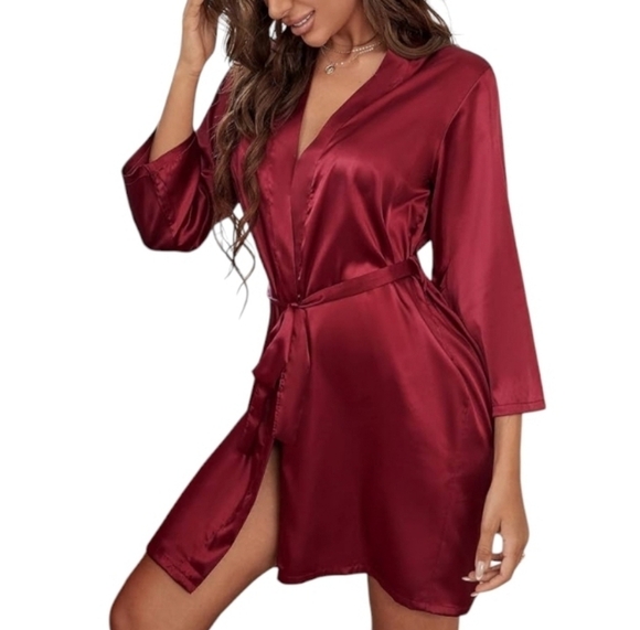 Delicates Satin Open Front Burgundy Robe - Picture 1 of 4
